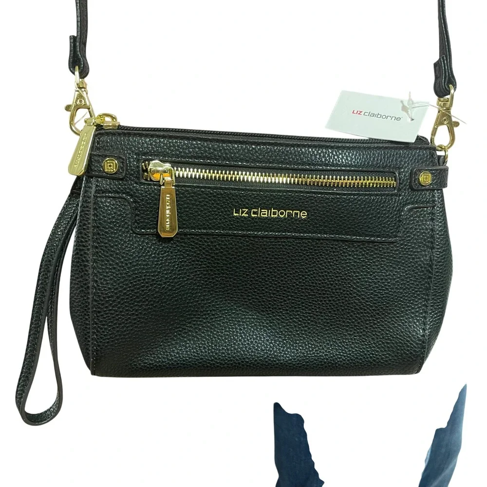 Liz Claiborne Elly Convertible Shoulder Crossbody Bag Black Pebbled Wristlet NEW